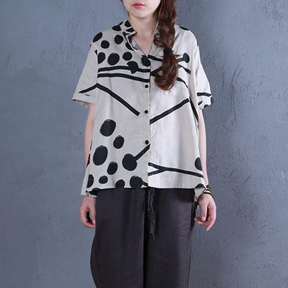 Boutique Linen Summer Top Stand Collar Printed Single Breasted Beige Blouse