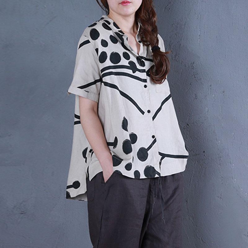 Boutique Linen Summer Top Stand Collar Printed Single Breasted Beige Blouse