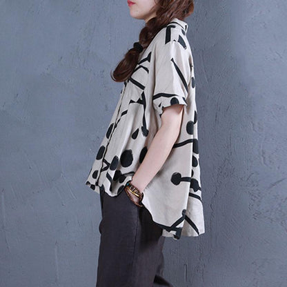 Boutique Linen Summer Top Stand Collar Printed Single Breasted Beige Blouse