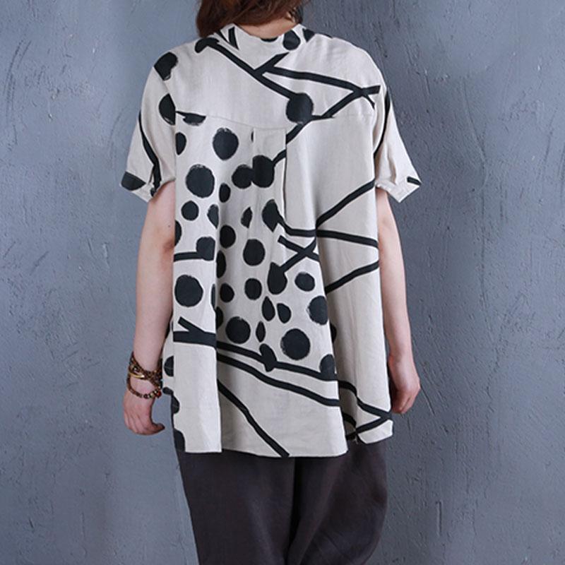 Boutique Linen Summer Top Stand Collar Printed Single Breasted Beige Blouse