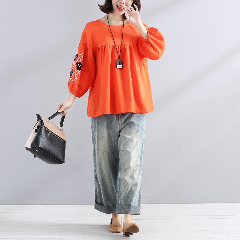 Boutique Natural Linen T Shirt Loose Fitting Embroidered Loose Linen Lacing Folded Orange Shirt
