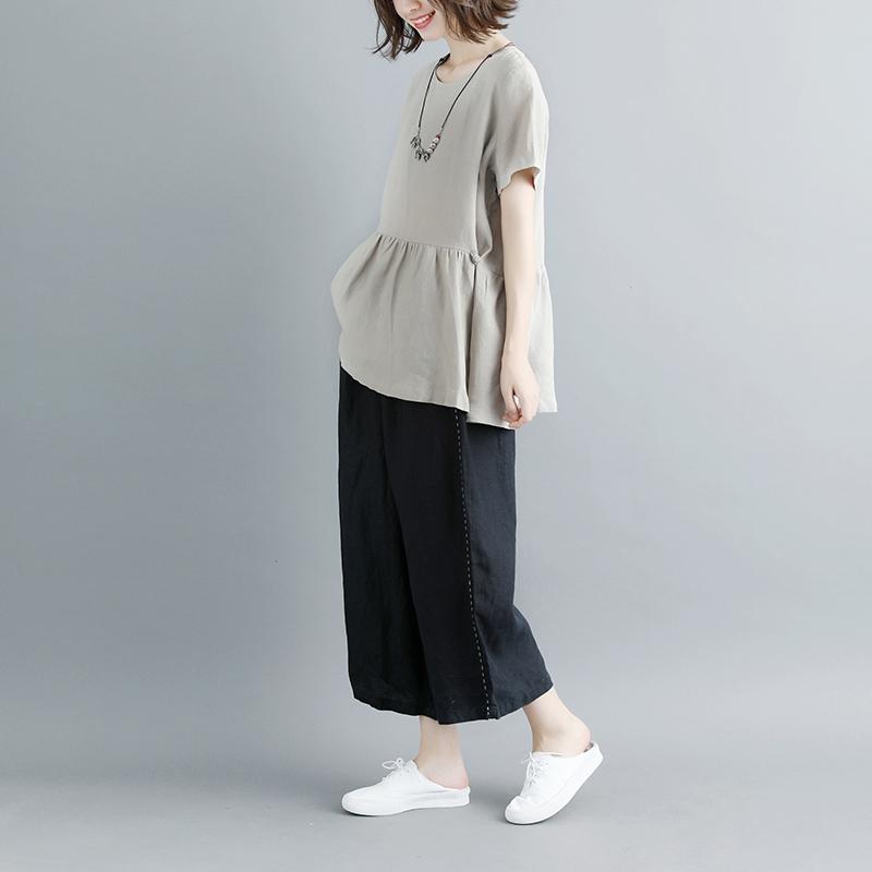 Boutique Natural Linen T Shirt Pleated Summer Short Sleeve Round Neck Tops