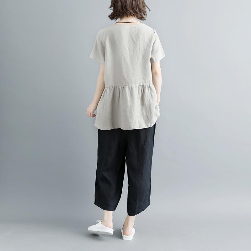 Boutique Natural Linen T Shirt Pleated Summer Short Sleeve Round Neck Tops