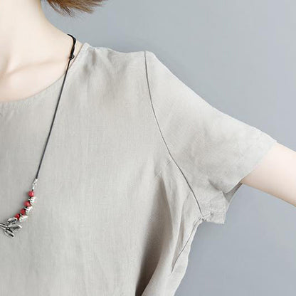 Boutique Natural Linen T Shirt Pleated Summer Short Sleeve Round Neck Tops
