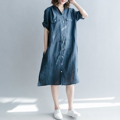 Boutique Navy Linen Dresses Oversize Linen Clothing Dresses Short Sleeve Pockets Turn-down Collar Midi Dress