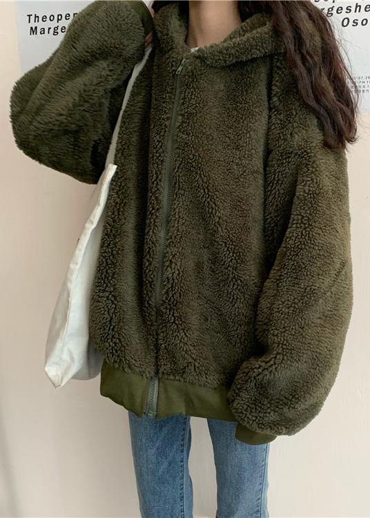 Boutique Oversized Medium Length Coat Winter Outwear Green Hooded Wool Jackets
