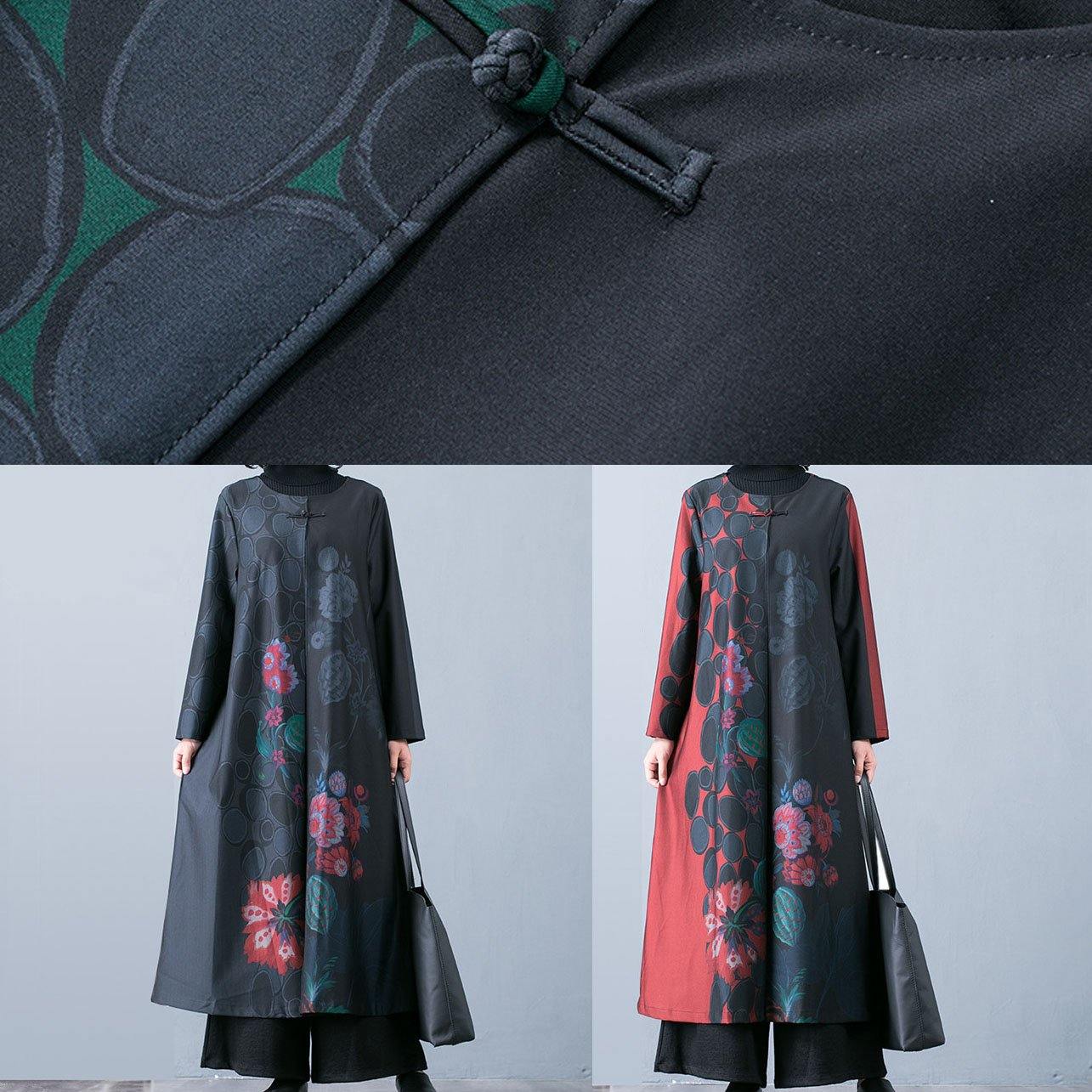 Boutique Oversized Red Maxi Coat Fall Trench Coats Prints O Neck Chinese Button Outwear