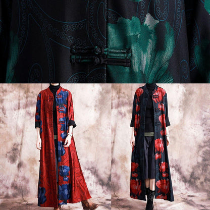 Boutique Winter Coat Fall Coats Black Patchwork Green Print Chinese Button Coat for Woman