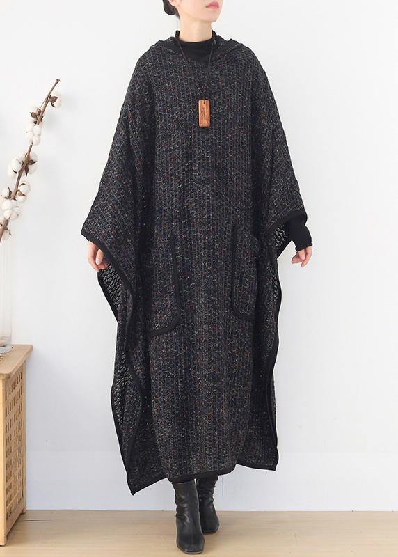Boutique Clothing Long Winter Coat Black Hooded Large Hem Woolen Coats