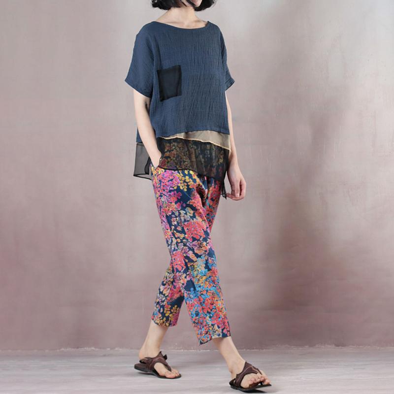Boutique Pure Linen Blended Blouse Loose Fitting Loose Linen Short Sleeve Stripe Blue Blouse