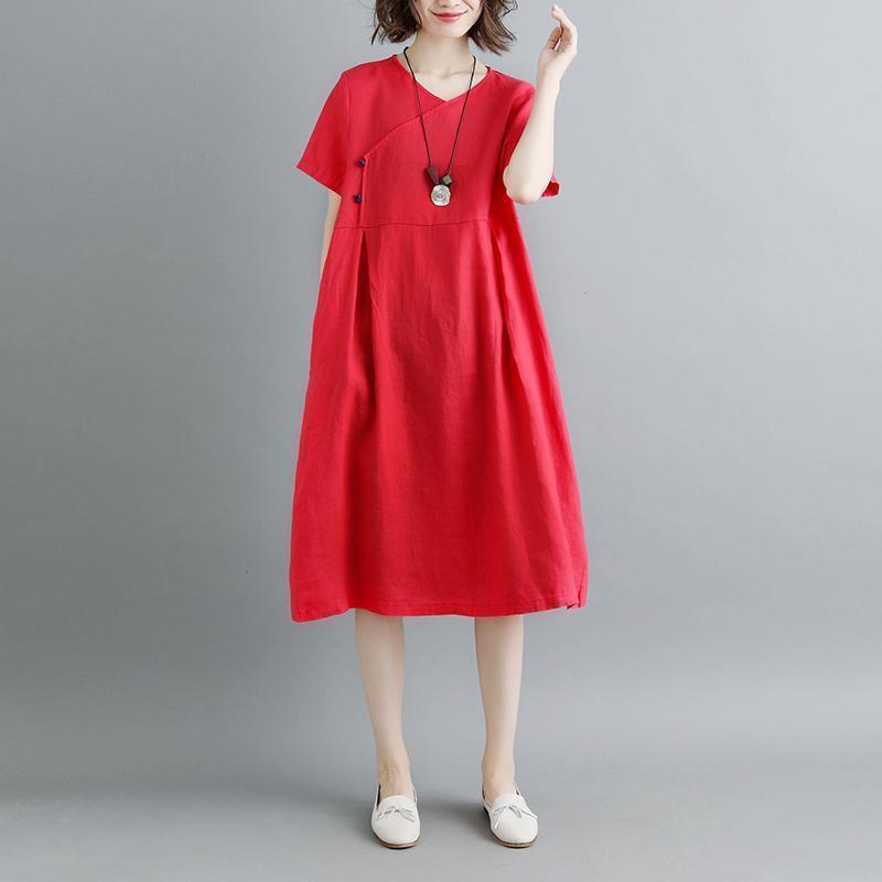 Boutique Pure Linen Dresses Retro Summer Short Sleeve Red Pockets Pleated Dress