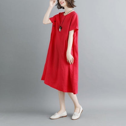 Boutique Pure Linen Dresses Retro Summer Short Sleeve Red Pockets Pleated Dress