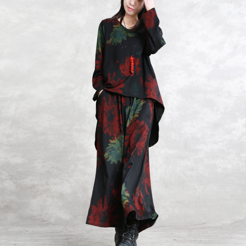 Boutique Red Green Print Midi-length Cotton Blended Two Pieces Oversize Clothing Tops Long Sleeve Baggy O Neck Asymmetric Tops and Baggy Pants