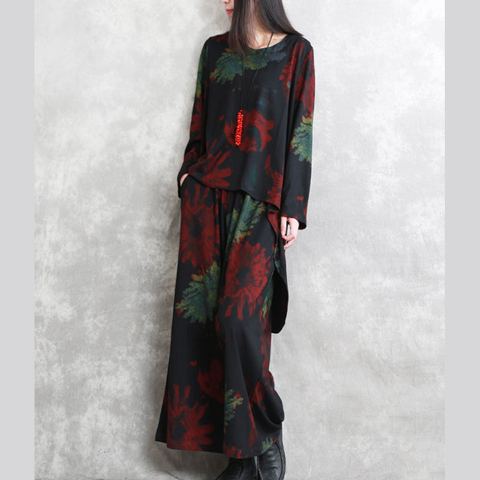 Boutique Red Green Print Midi-length Cotton Blended Two Pieces Oversize Clothing Tops Long Sleeve Baggy O Neck Asymmetric Tops and Baggy Pants
