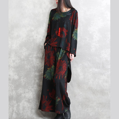 Boutique Red Green Print Midi-length Cotton Blended Two Pieces Oversize Clothing Tops Long Sleeve Baggy O Neck Asymmetric Tops and Baggy Pants