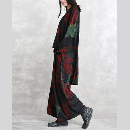 Boutique Red Green Print Midi-length Cotton Blended Two Pieces Oversize Clothing Tops Long Sleeve Baggy O Neck Asymmetric Tops and Baggy Pants
