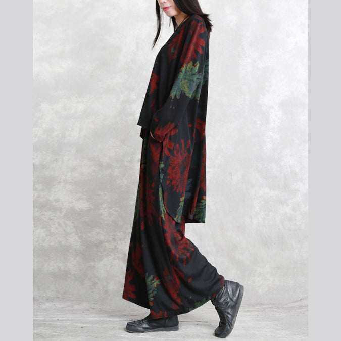 Boutique Red Green Print Midi-length Cotton Blended Two Pieces Oversize Clothing Tops Long Sleeve Baggy O Neck Asymmetric Tops and Baggy Pants