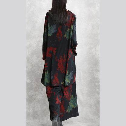 Boutique Red Green Print Midi-length Cotton Blended Two Pieces Oversize Clothing Tops Long Sleeve Baggy O Neck Asymmetric Tops and Baggy Pants