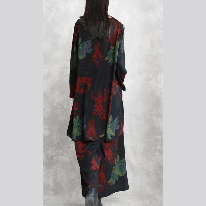 Boutique Red Green Print Midi-length Cotton Blended Two Pieces Oversize Clothing Tops Long Sleeve Baggy O Neck Asymmetric Tops and Baggy Pants