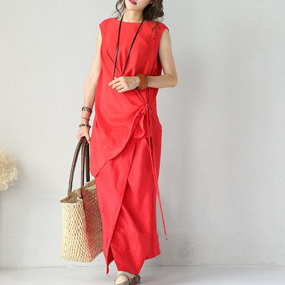 Boutique Red Silk Linen Dresses Oversized Asymmetric Silk Linen Clothing Dress Fine Tei Waist Maxi Dresses