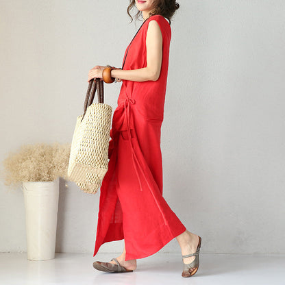 Boutique Red Silk Linen Dresses Oversized Asymmetric Silk Linen Clothing Dress Fine Tei Waist Maxi Dresses