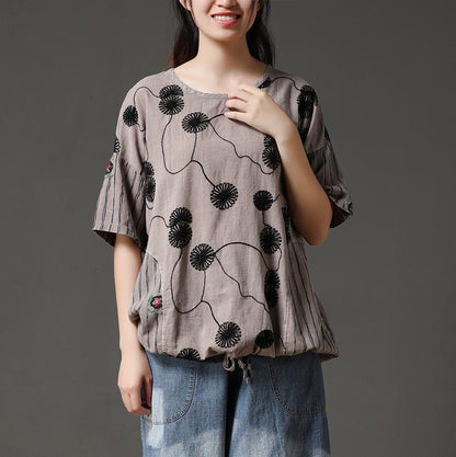 Boutique Summer Cotton Tops Cotton Embroidery Flower Beige Shirt