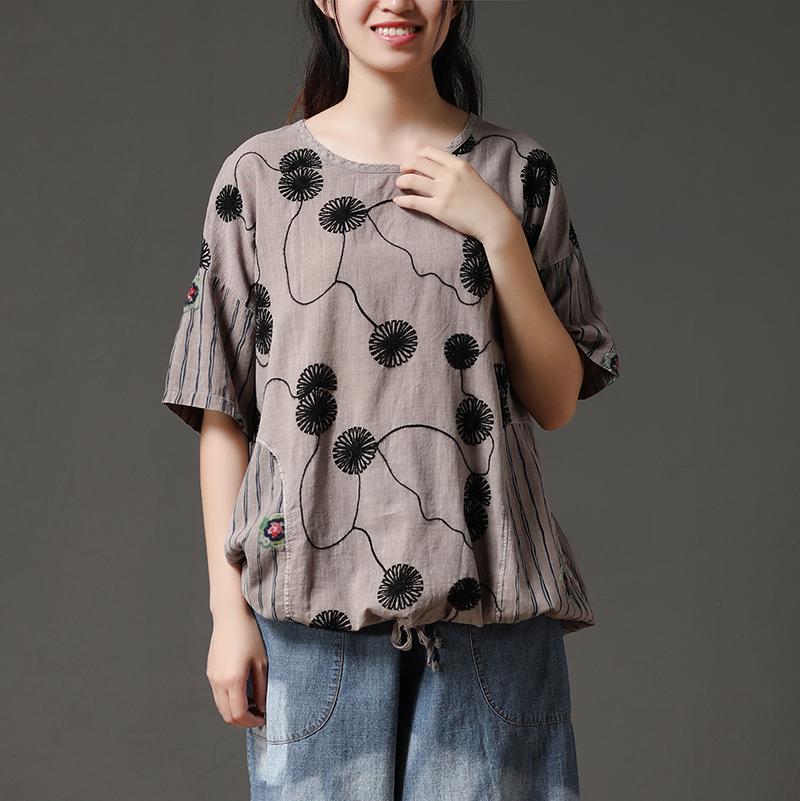 Boutique Summer Cotton Tops Cotton Embroidery Flower Beige Shirt
