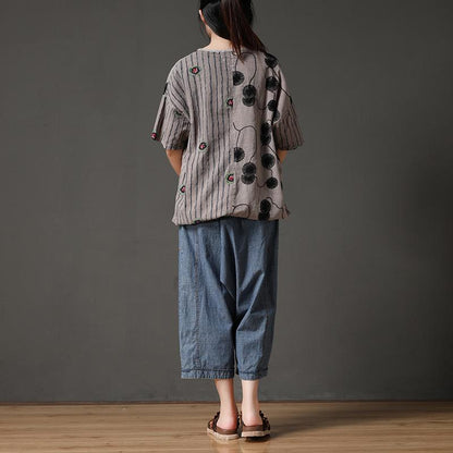 Boutique Summer Cotton Tops Cotton Embroidery Flower Beige Shirt