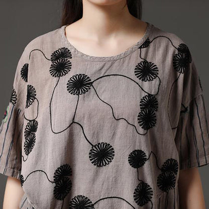 Boutique Summer Cotton Tops Cotton Embroidery Flower Beige Shirt