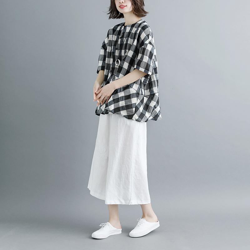 Boutique Summer Cotton Tops Clothing Summer 12 Sleeve Plaid Blouse
