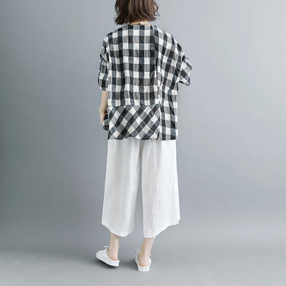 Boutique Summer Cotton Tops Clothing Summer 12 Sleeve Plaid Blouse
