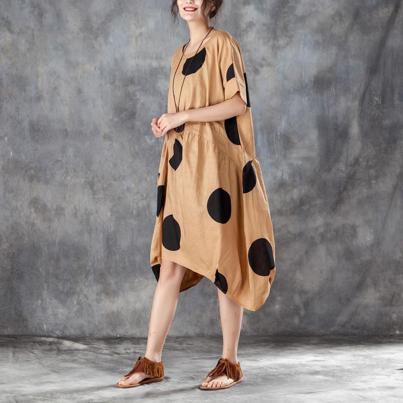Boutique Summer Dress Loose Linen Polka Dot Dress With Pocket