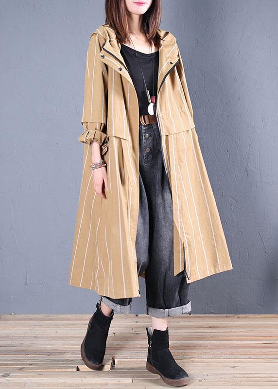 Boutique Coats Fall Khaki Striped Hooded Zippered Overcoat