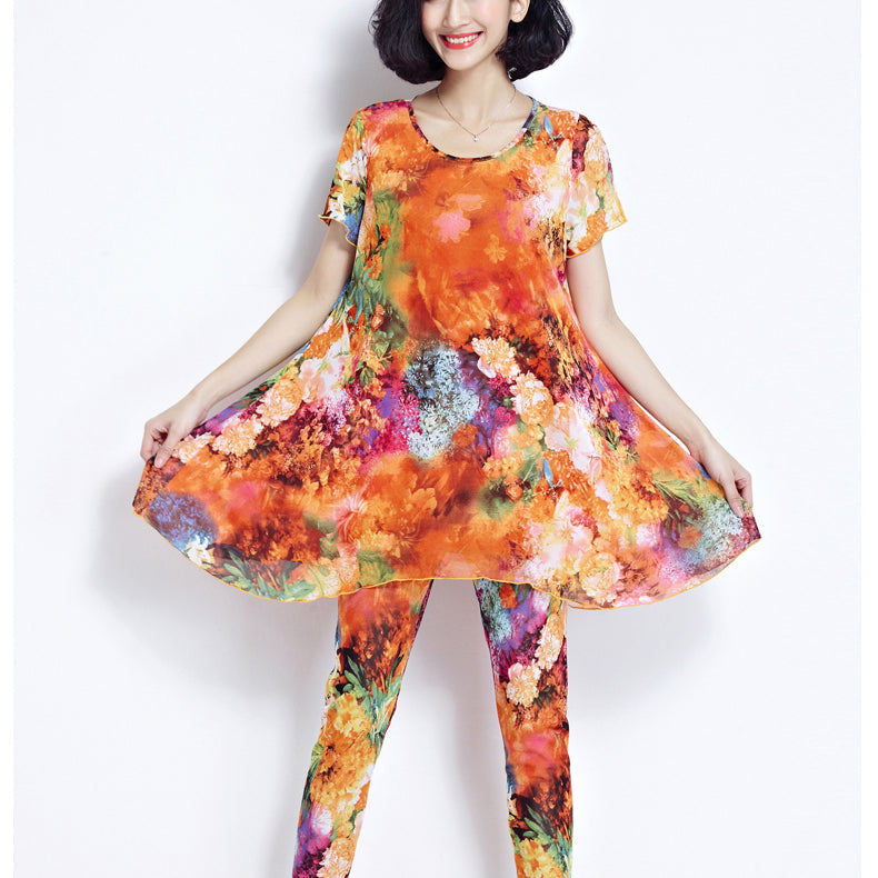 Boutique Yellow Prints Pure Cotton Tops Oversize Cotton Clothing Blouses New Short Sleeve Two Pieces and Crop Pants