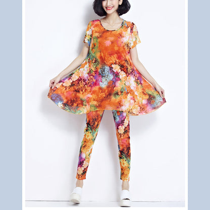 Boutique Yellow Prints Pure Cotton Tops Oversize Cotton Clothing Blouses New Short Sleeve Two Pieces and Crop Pants