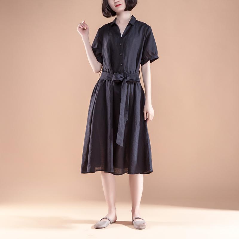 Brief Linen Shift Dress Loose Fitting Short Sleeve Pleated Belt Summer Black Dress
