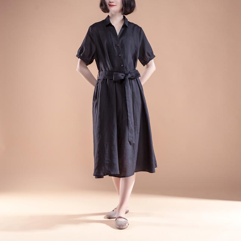 Brief Linen Shift Dress Loose Fitting Short Sleeve Pleated Belt Summer Black Dress