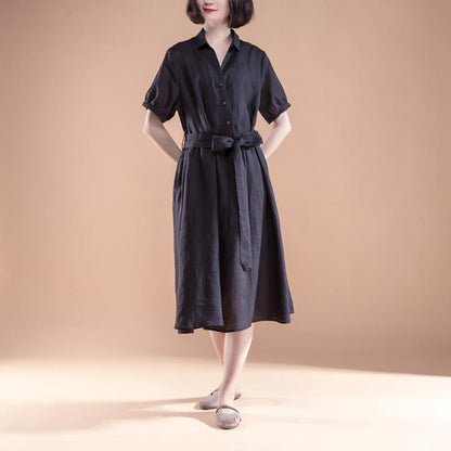 Brief Linen Shift Dress Loose Fitting Short Sleeve Pleated Belt Summer Black Dress