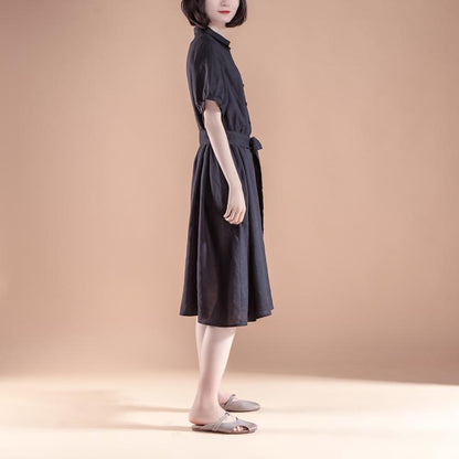 Brief Linen Shift Dress Loose Fitting Short Sleeve Pleated Belt Summer Black Dress