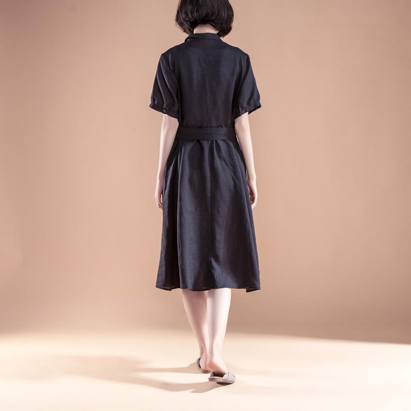 Brief Linen Shift Dress Loose Fitting Short Sleeve Pleated Belt Summer Black Dress