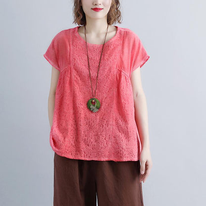 Brief Linen Tops Clothing Summer Short Sleeve Pink Boat Neck Blouse
