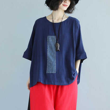 Brief Linen Tops Loose Bat Sleeve Round Neck Splicing Linen Shirt