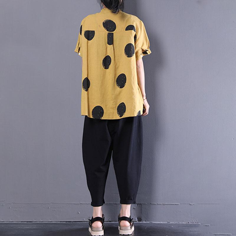 Brief Natural Cotton T Shirt Clothing Stand Collar Short Sleeve Loose Cotton Yellow Shirt