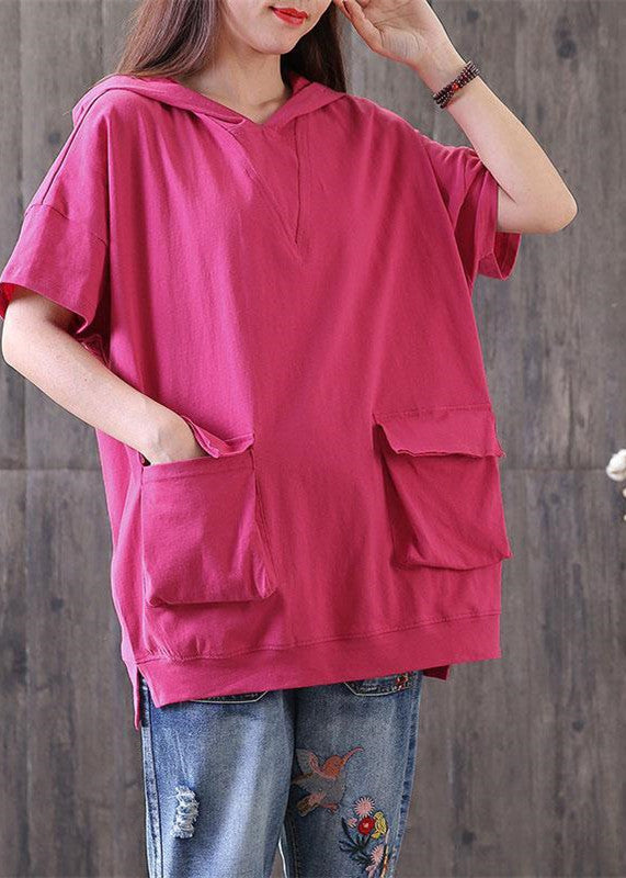 Brief Pure Cotton Blouse Oversize Hooded Short Sleeve Cotton Rose Red Tops