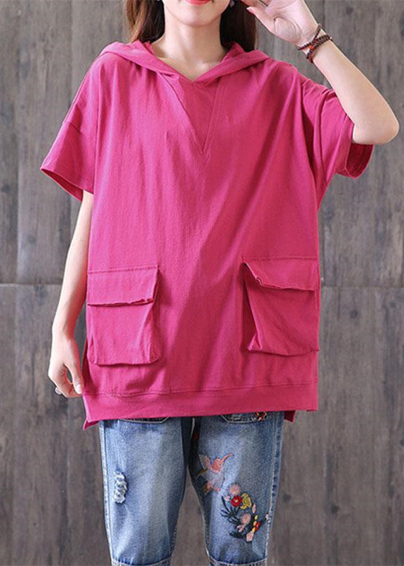Brief Pure Cotton Blouse Oversize Hooded Short Sleeve Cotton Rose Red Tops