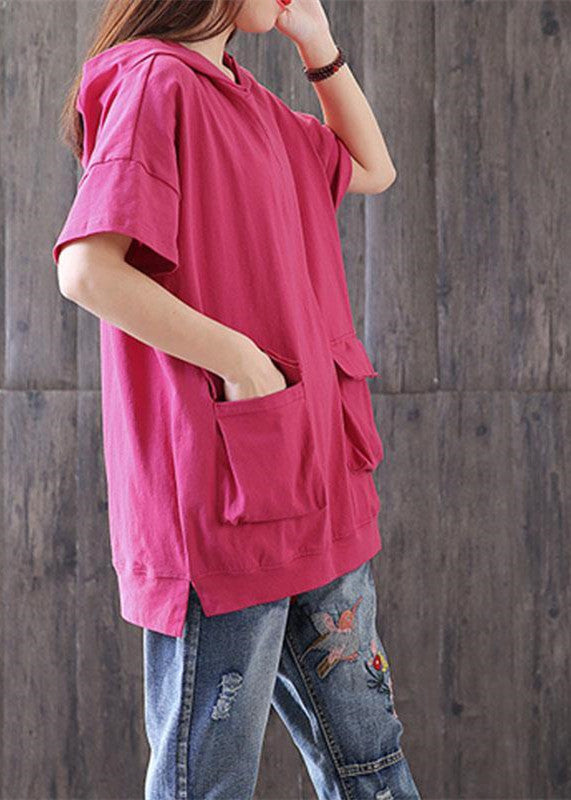Brief Pure Cotton Blouse Oversize Hooded Short Sleeve Cotton Rose Red Tops