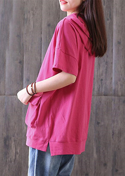Brief Pure Cotton Blouse Oversize Hooded Short Sleeve Cotton Rose Red Tops