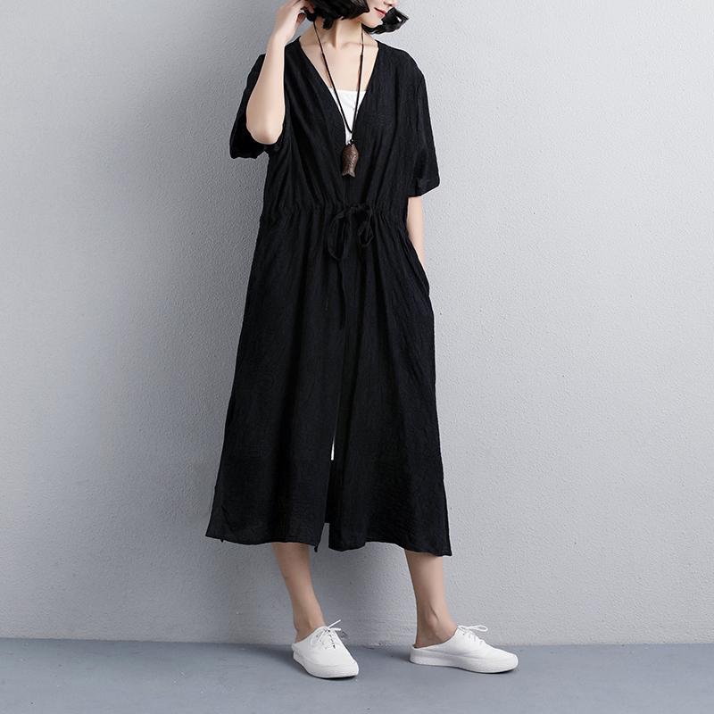 Brief Summer Dress Loose Fitting Loose Short Sleeve Side Slit Black Lacing Dress
