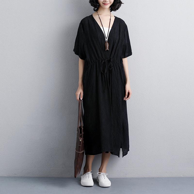 Brief Summer Dress Loose Fitting Loose Short Sleeve Side Slit Black Lacing Dress