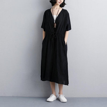 Brief Summer Dress Loose Fitting Loose Short Sleeve Side Slit Black Lacing Dress